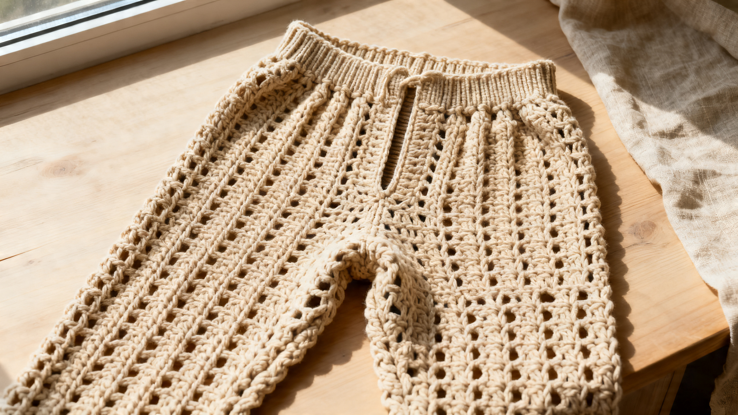 Detalhe do cós, gancho e pontos da calça de crochê.