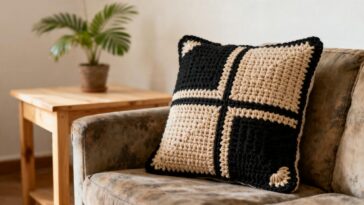 A capa de almofada de crochê geométrica está transformando sofás antigos em peças de design contemporâneo