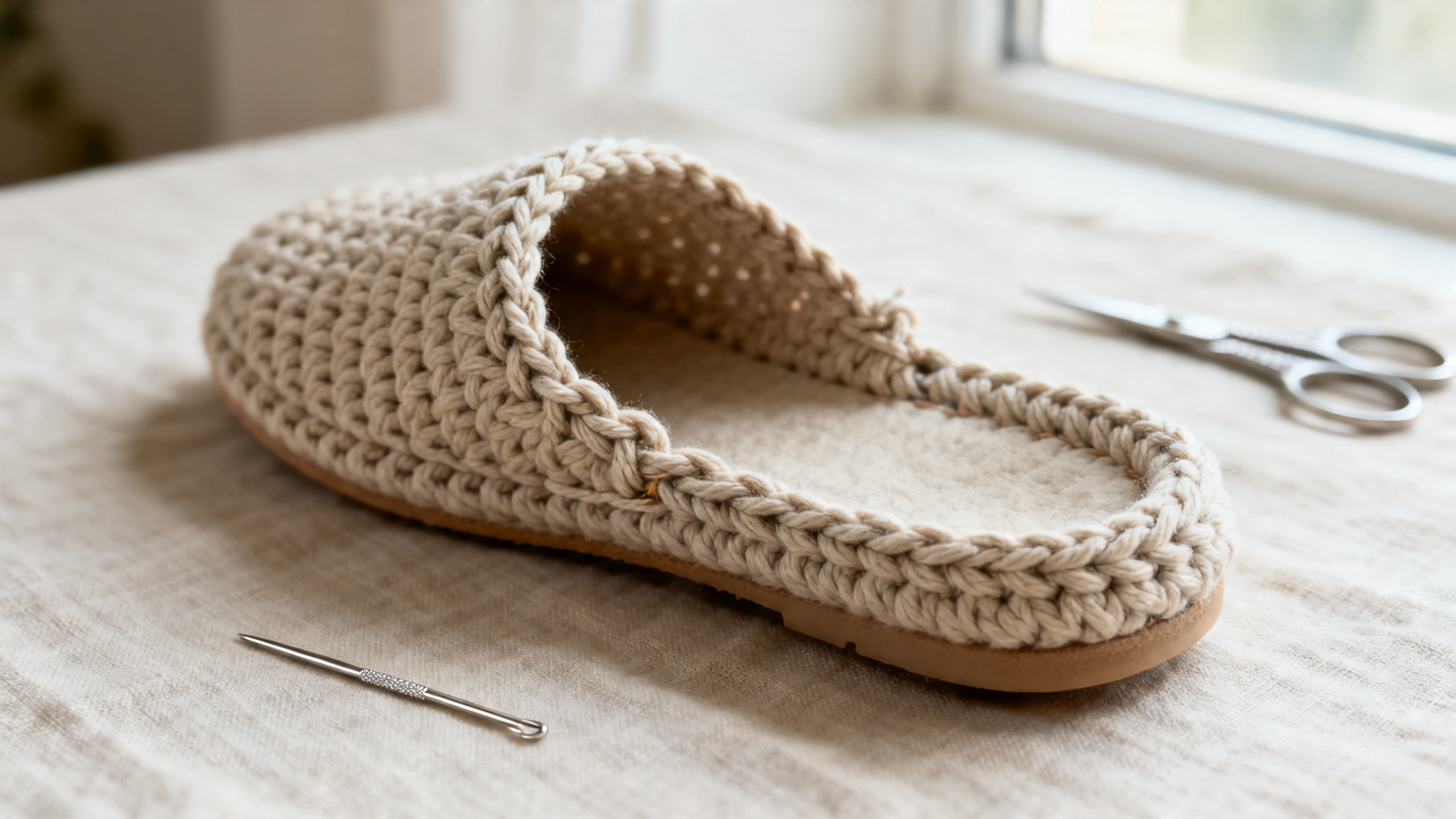 Detalhe da borda em ponto caranguejo e costura escondida da pantufa