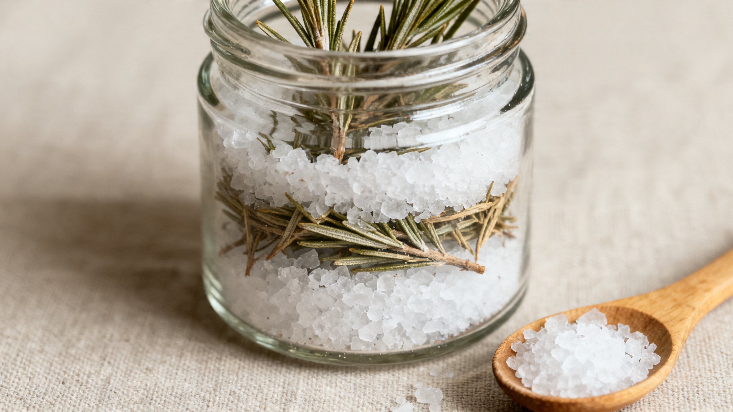 Detalhe da montagem com sal grosso e ramos de alecrim arejados.