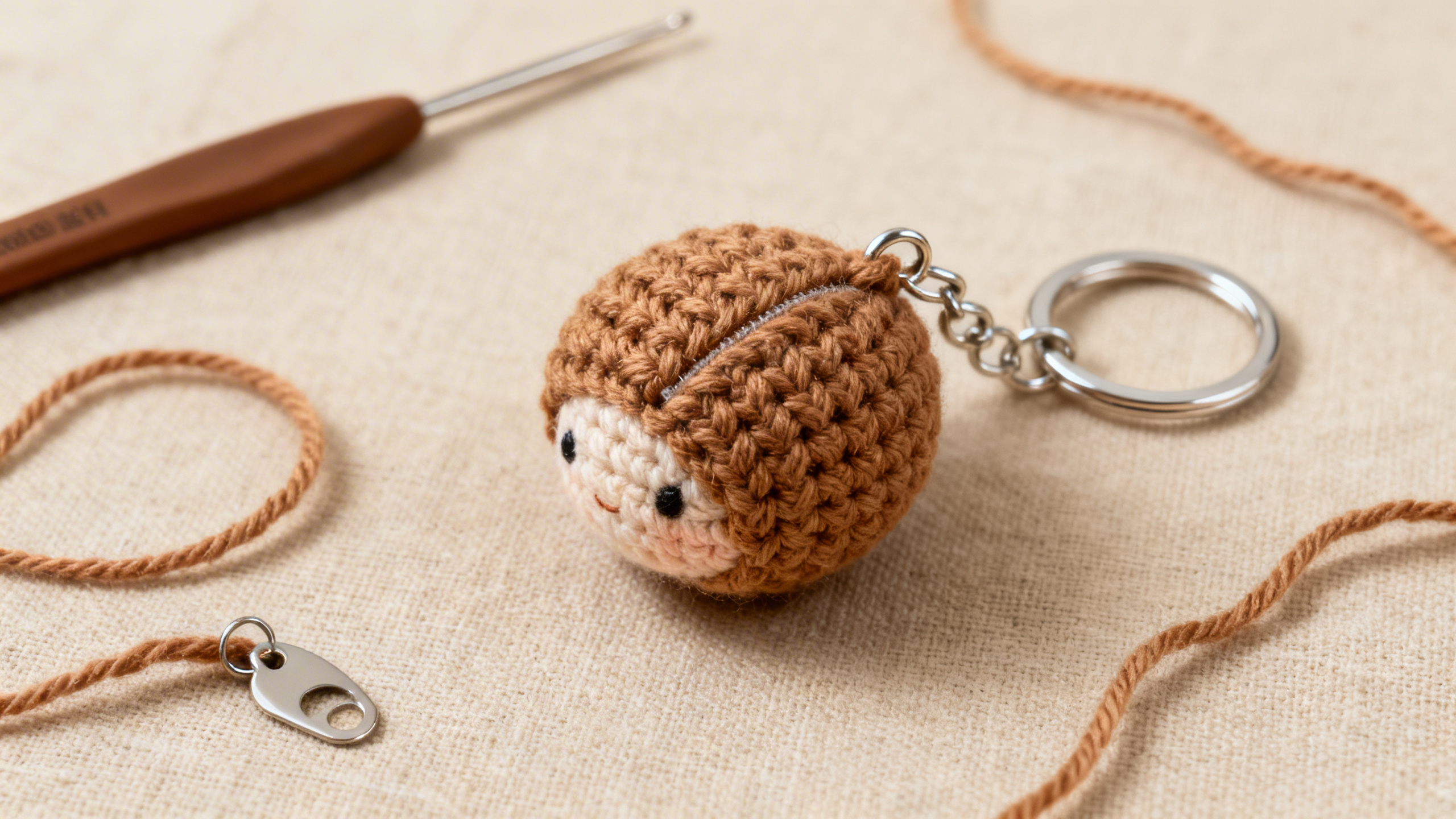 Detalhe do ponto firme e da argola reforçada no amigurumi chaveiro.