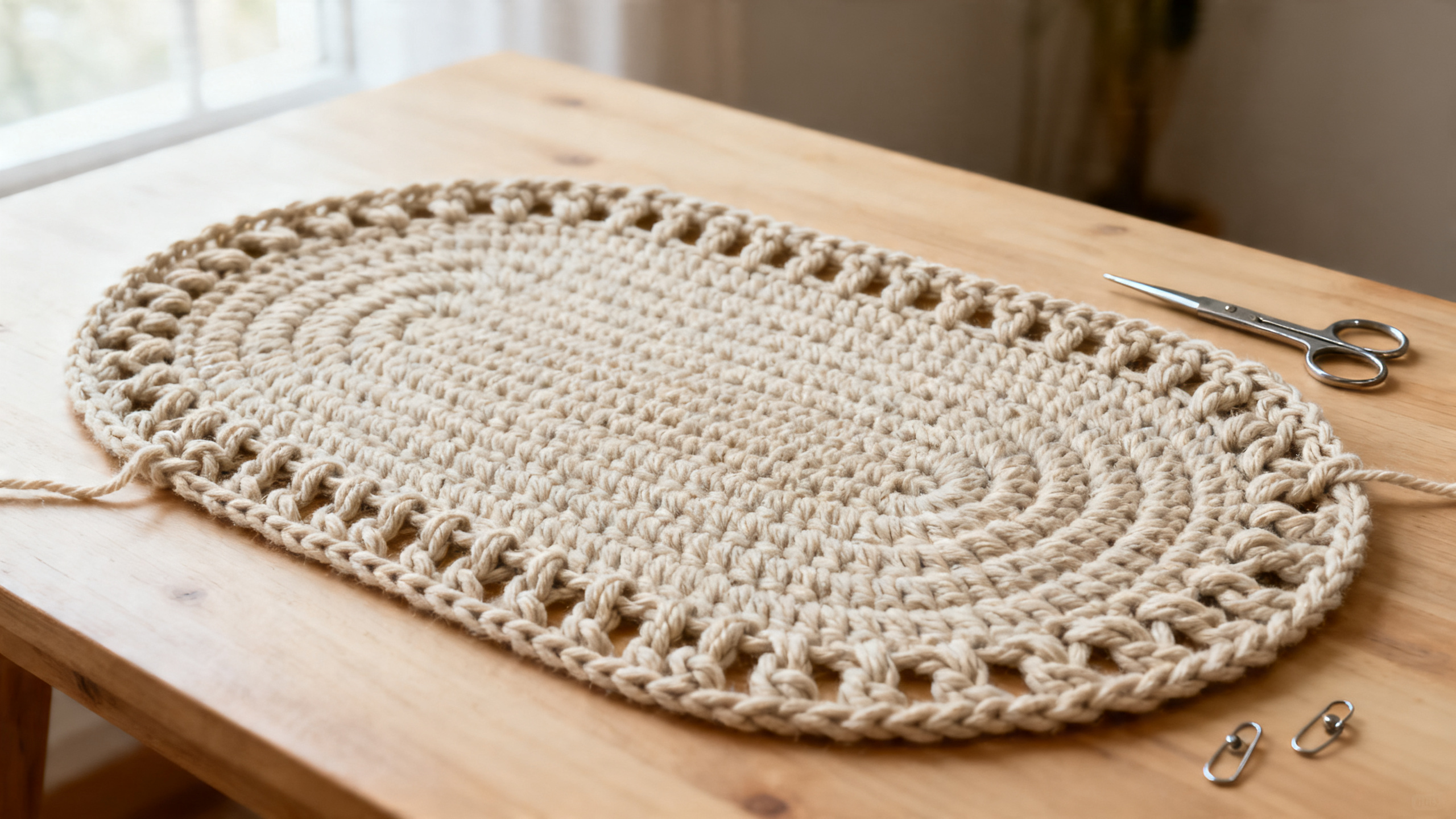 Detalhe dos pontos, aumentos nas pontas e acabamento do tapete oval