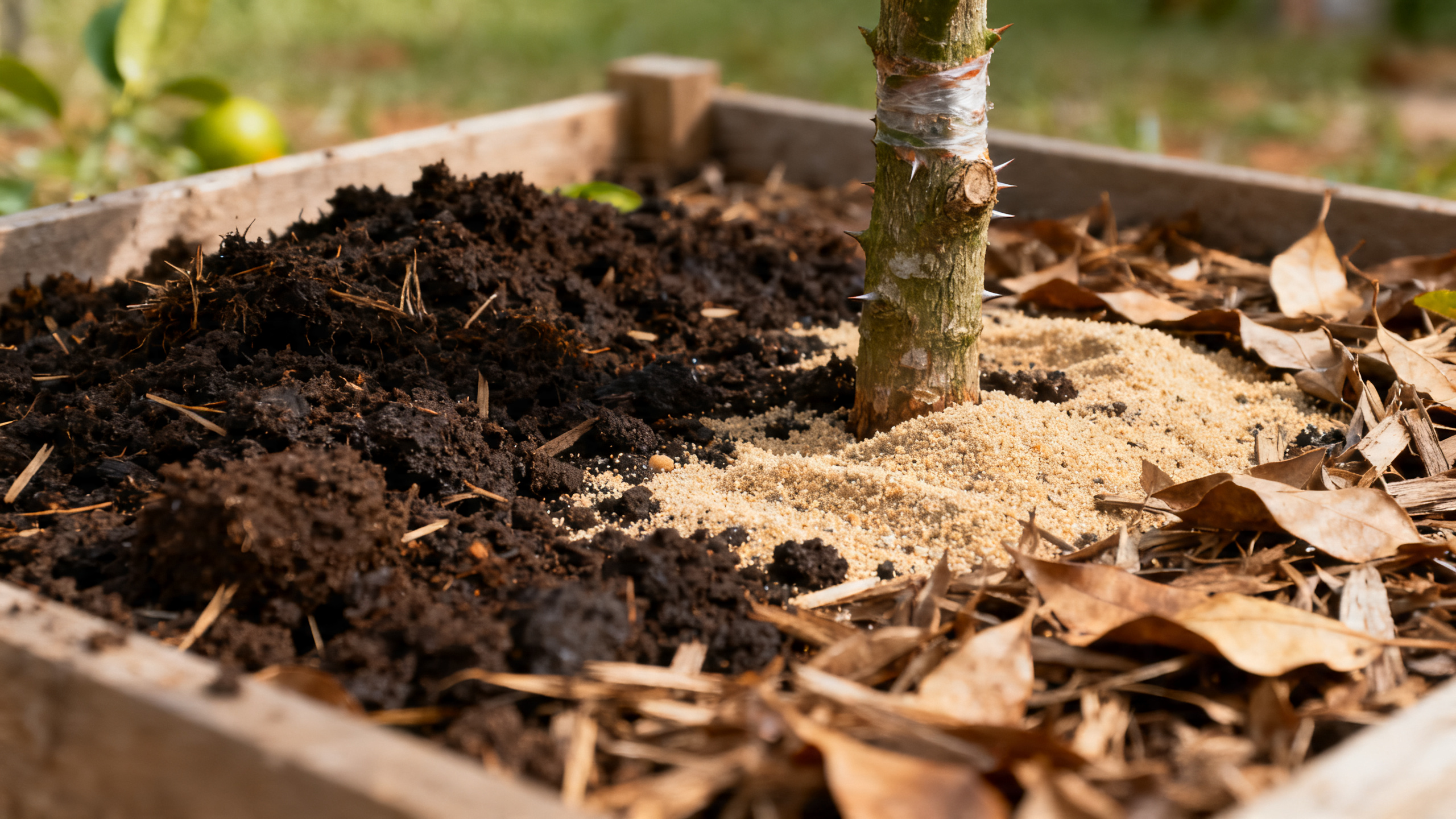 Solo drenado e cobertura morta ajudam a muda frutífera crescer melhor.
