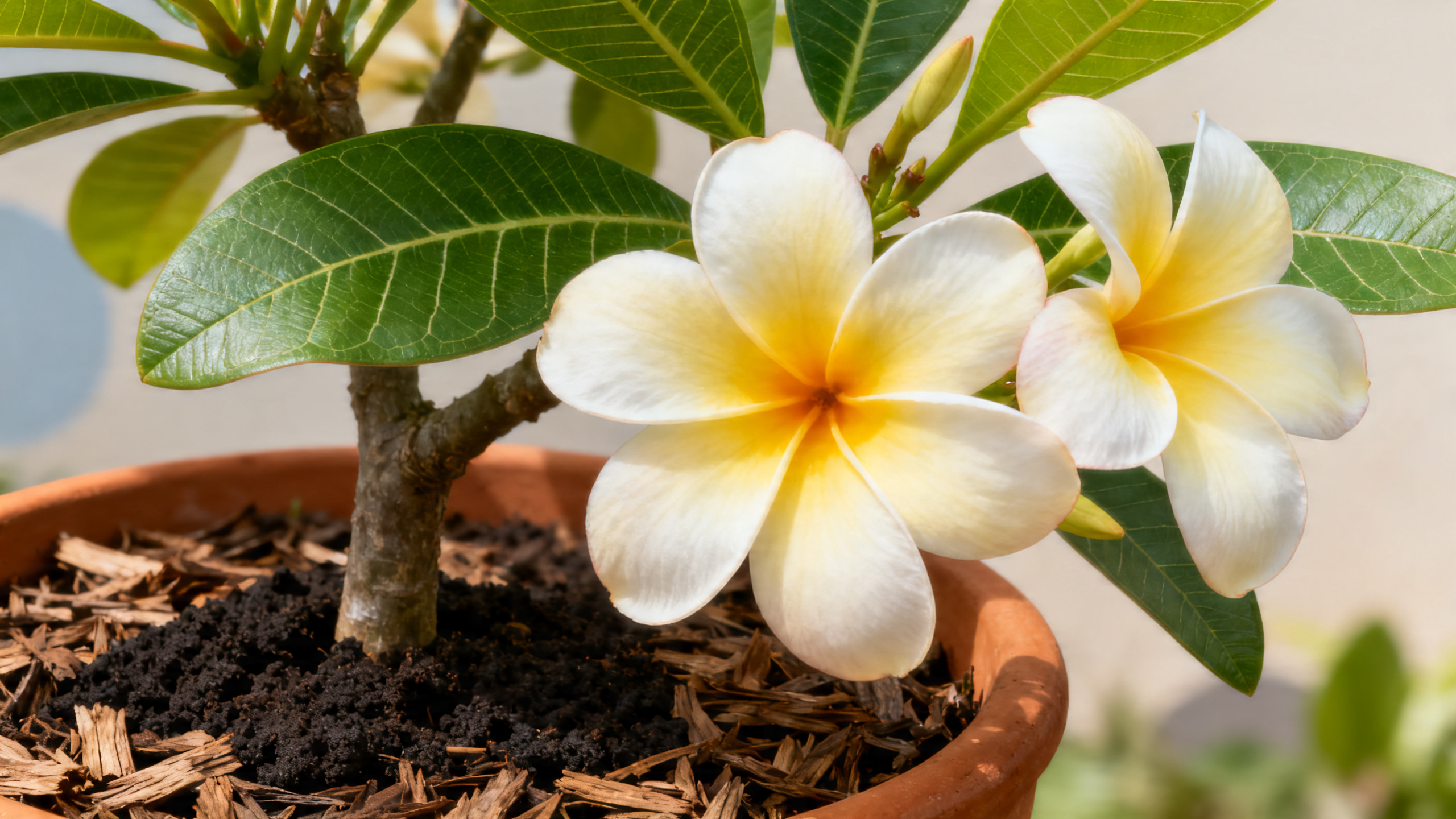 Detalhe das flores do jasmim-manga e do solo drenado ideal.