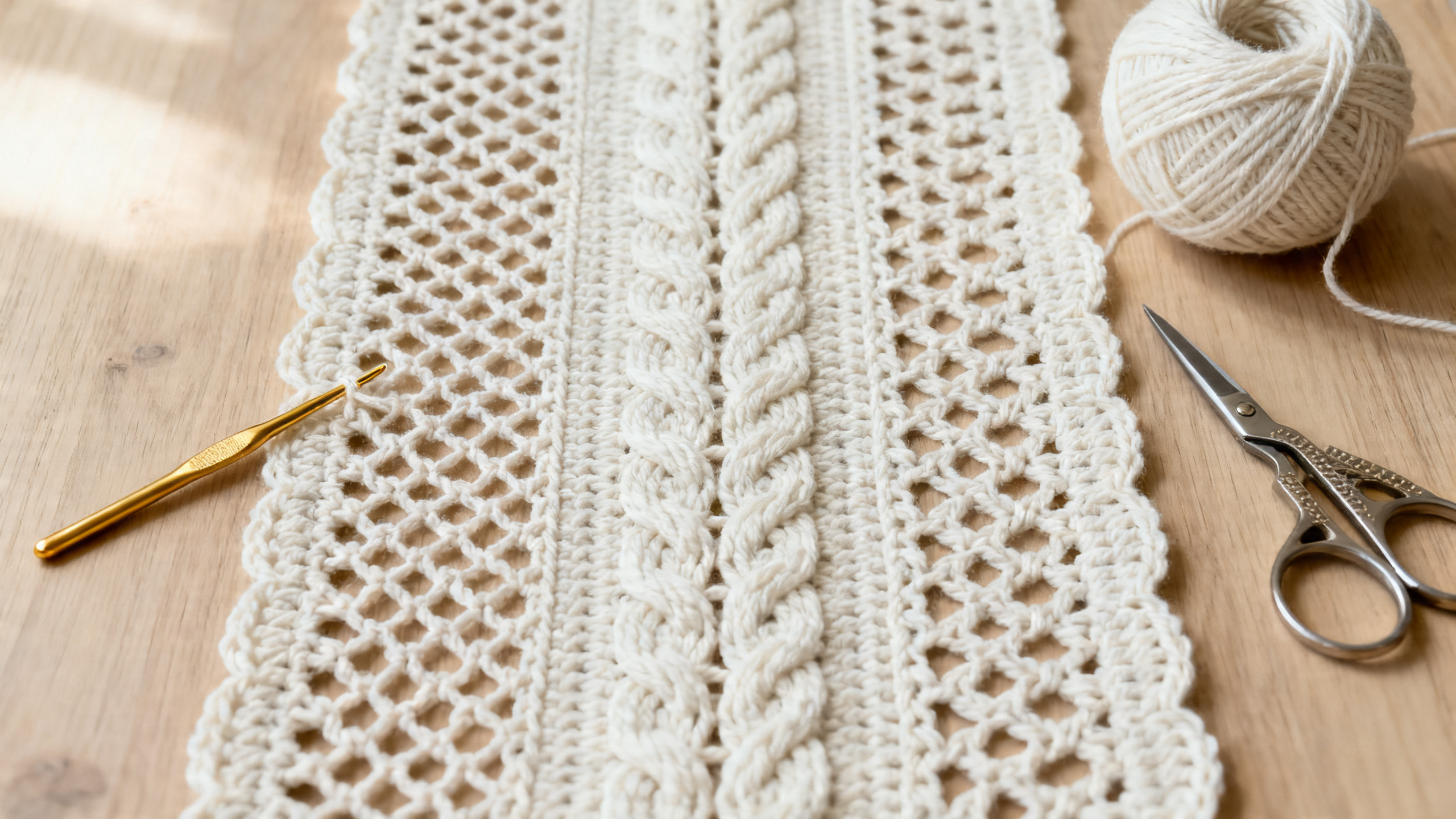 Detalhe dos pontos abertos e materiais usados no caminho de mesa.