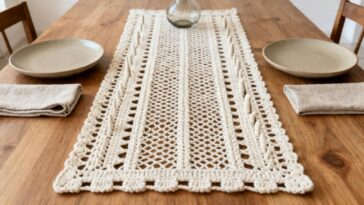 Caminho de mesa de crochê com pontos abertos está elevando o visual de mesas simples ao nível de revista de decoração