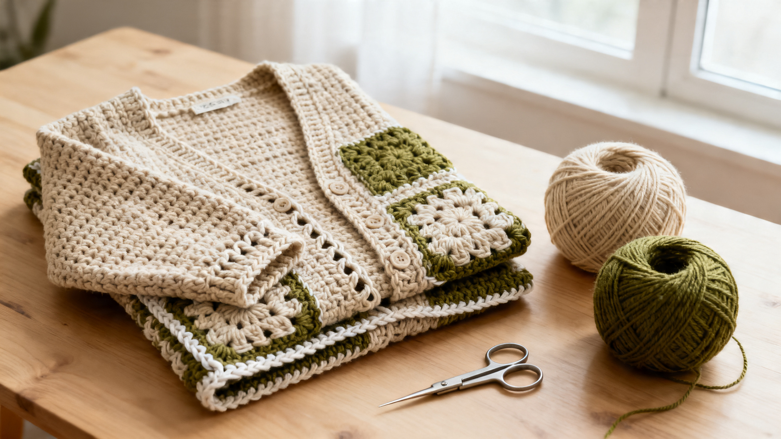 Detalhe dos quadrados unidos e bordas limpas do cardigã moderno