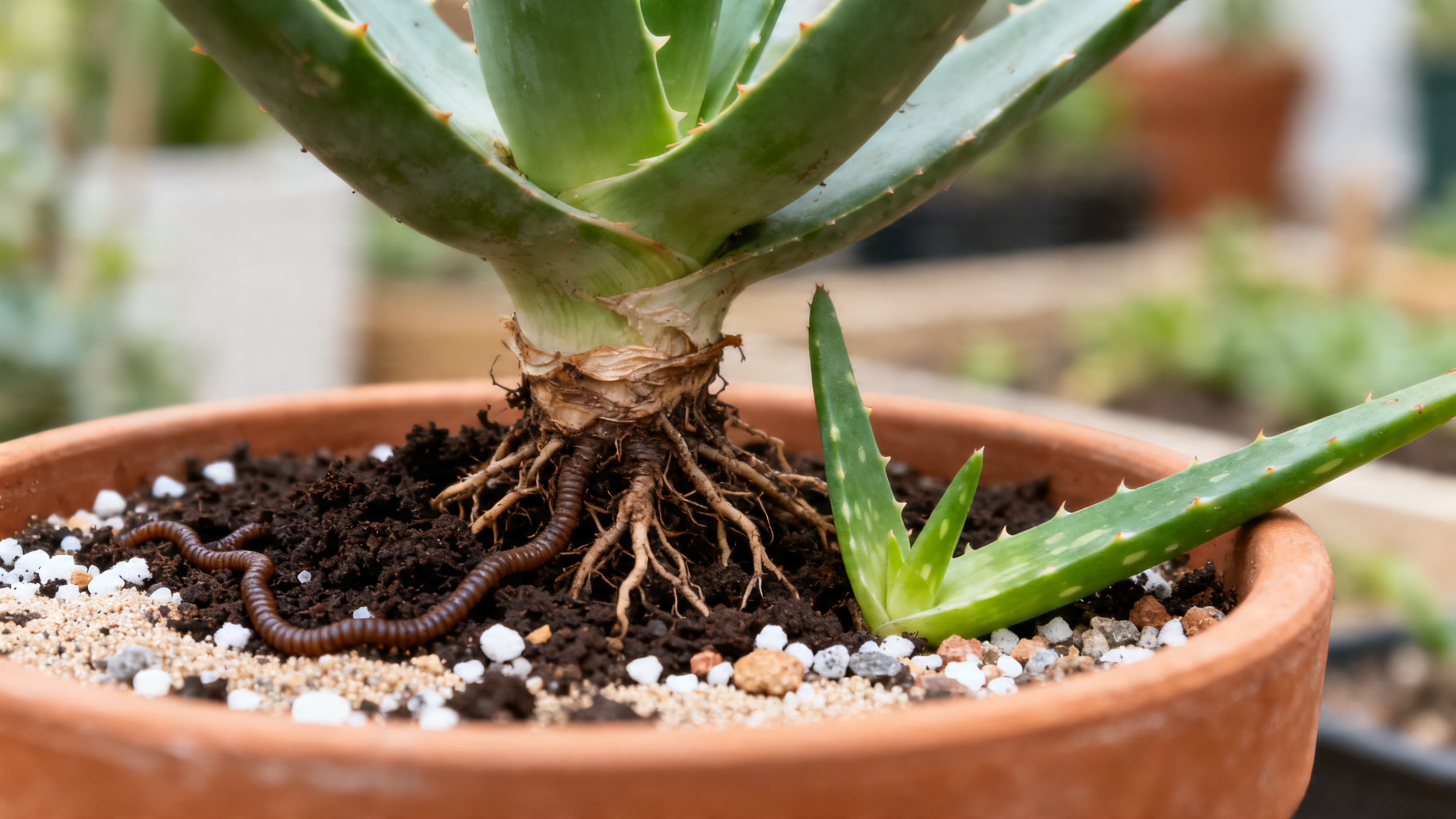 Detalhe do substrato drenante favorecendo folhas grossas e novas mudas.