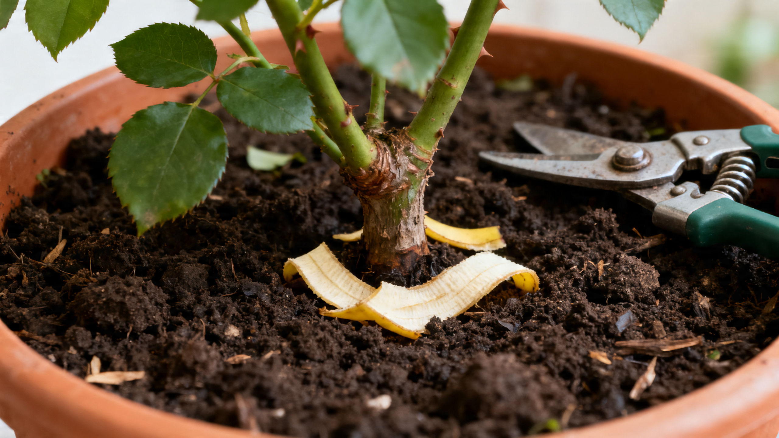 Detalhe da adubação caseira leve ao redor da roseira, sem excessos