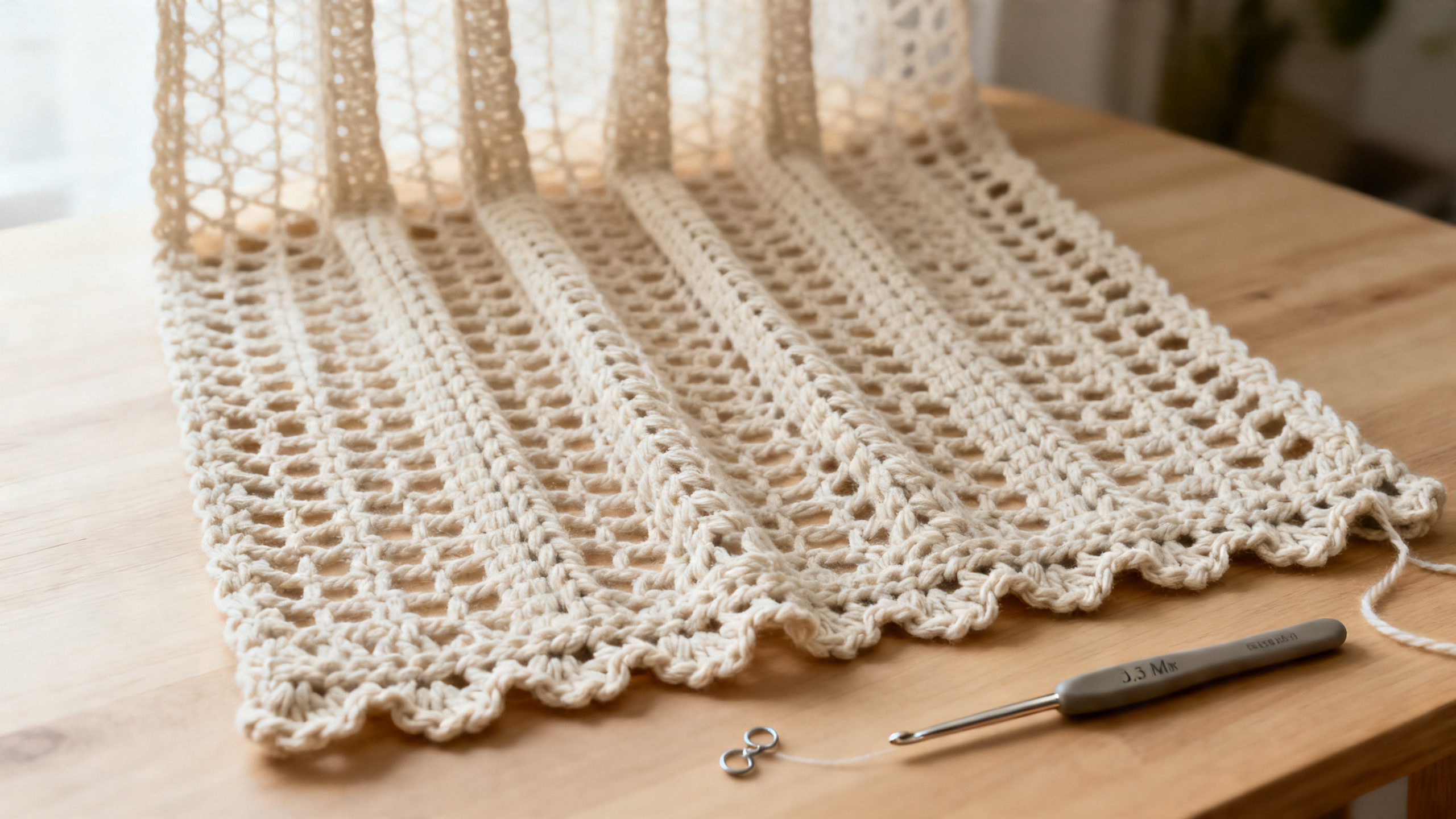 Detalhe dos pontos, barra e materiais usados na cortina de crochê