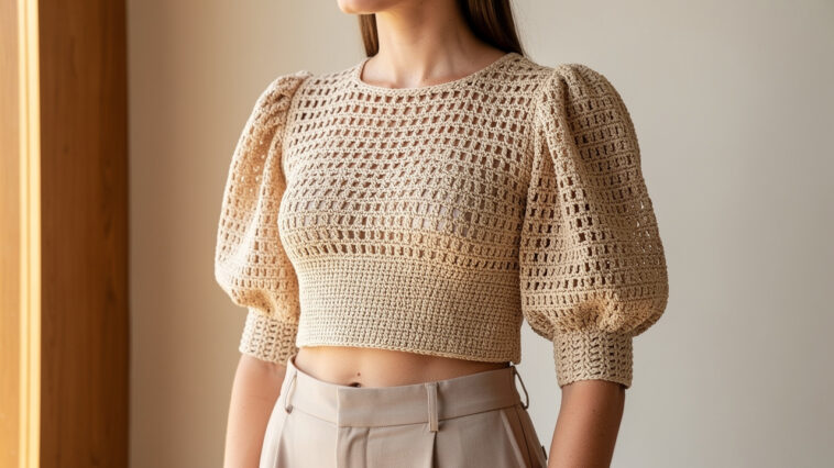 Cropped de crochê com manga bufante é a peça mais desejada de 2026: aprenda o ponto certo para um caimento de grife