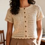 Essa blusa de crochê com botões na frente voltou dos anos 70 e virou coringa em produções de escritório