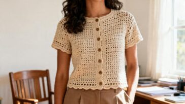 Essa blusa de crochê com botões na frente voltou dos anos 70 e virou coringa em produções de escritório