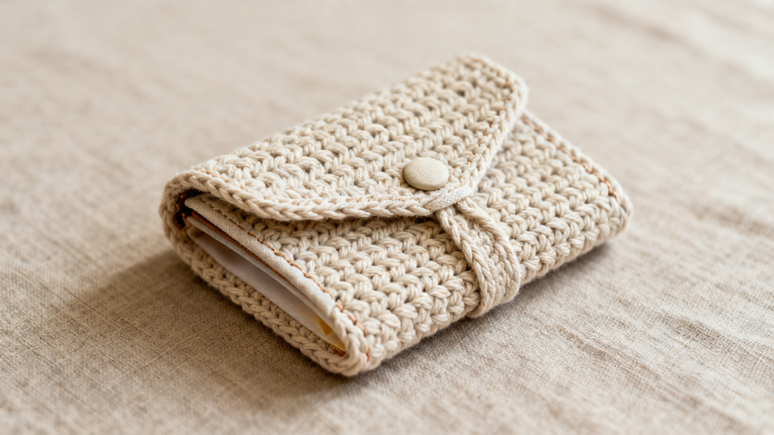 Detalhe da aba, forro interno e trama firme da carteira artesanal