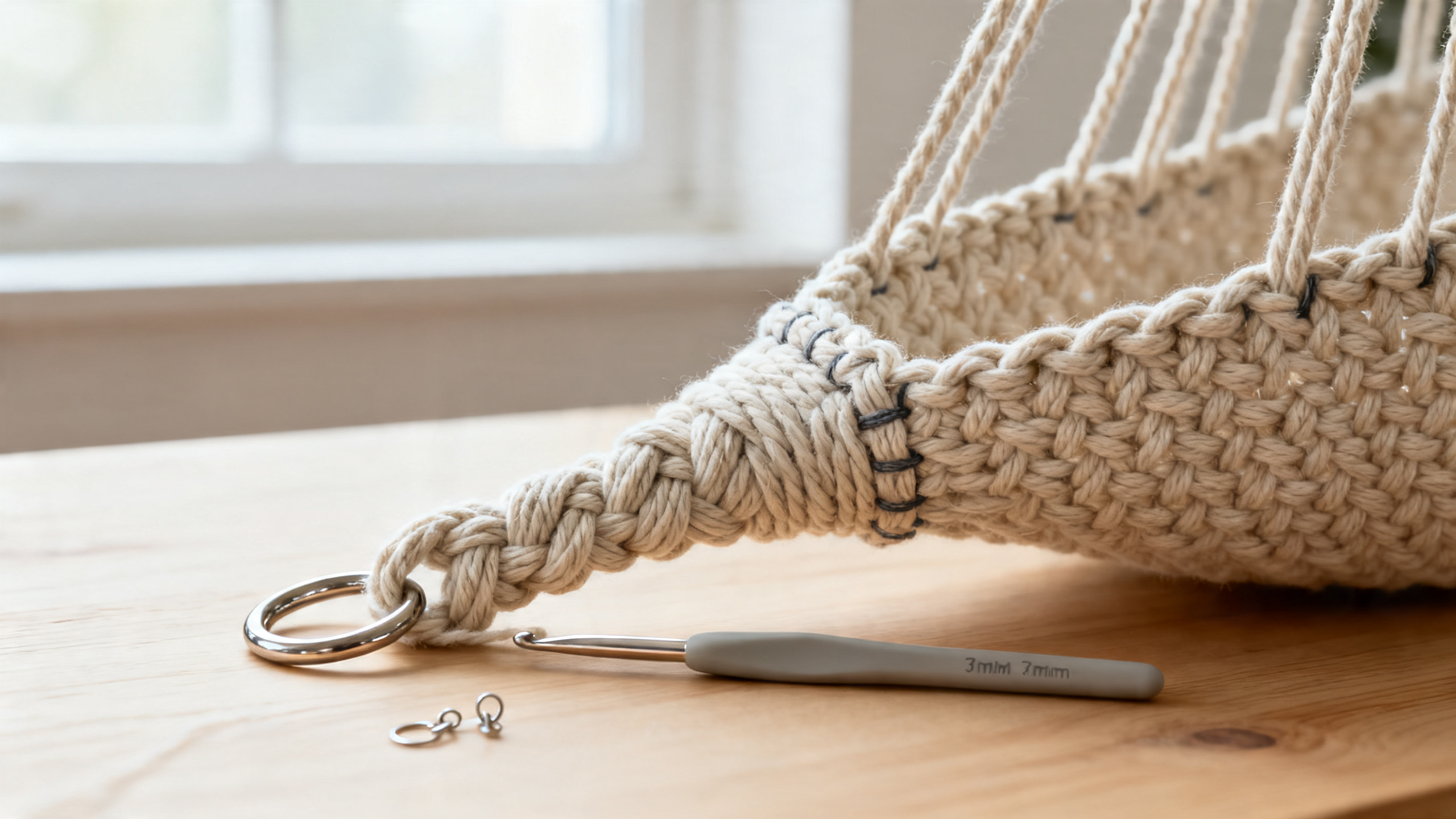 Detalhe das bordas reforçadas e da argola que garantem firmeza.