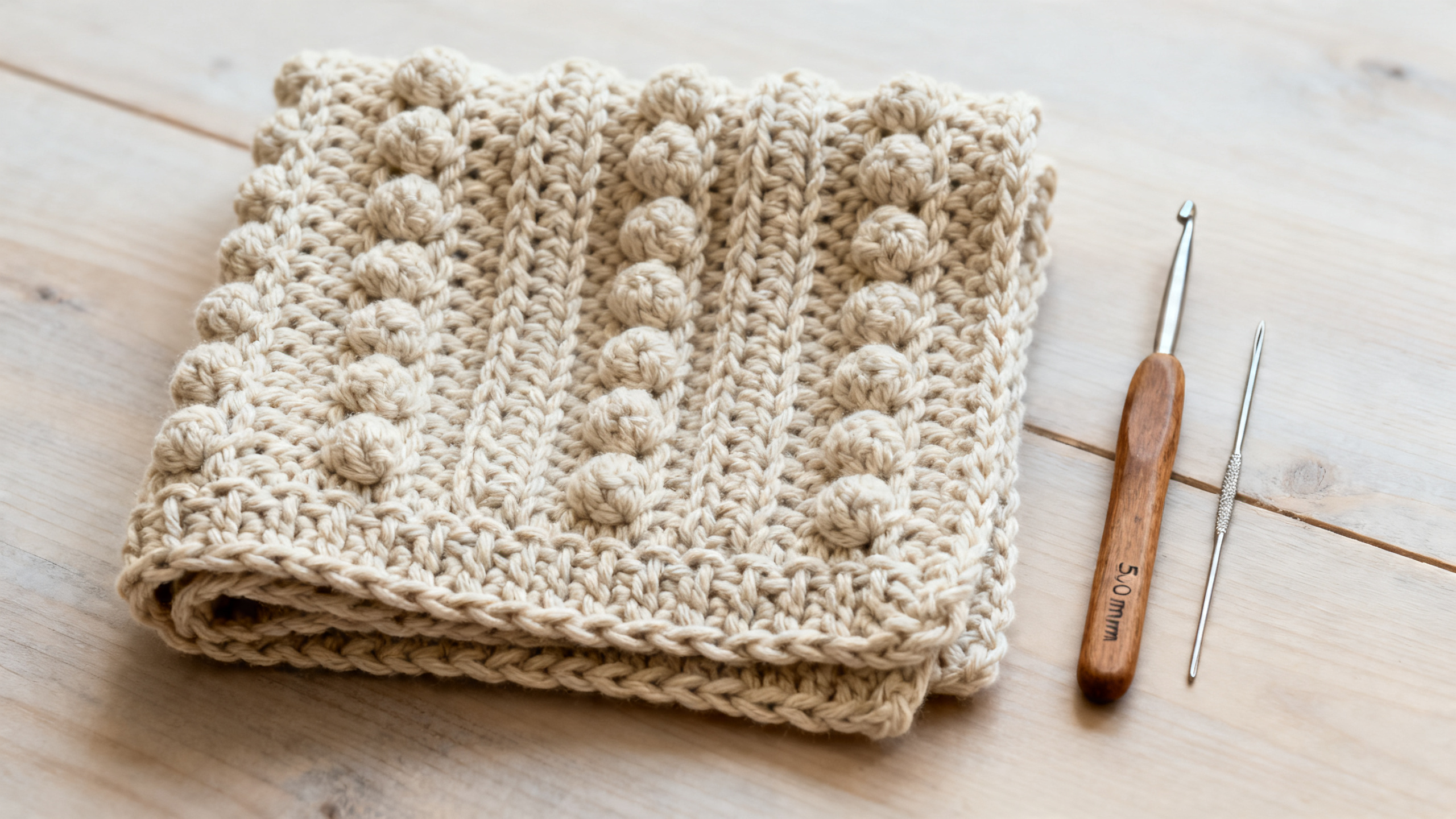 Detalhe do relevo do ponto puff e acabamento do cachecol