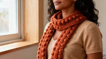 Esse cachecol de crochê com ponto puff virou febre entre quem odeia frio e nunca soube fazer tricô