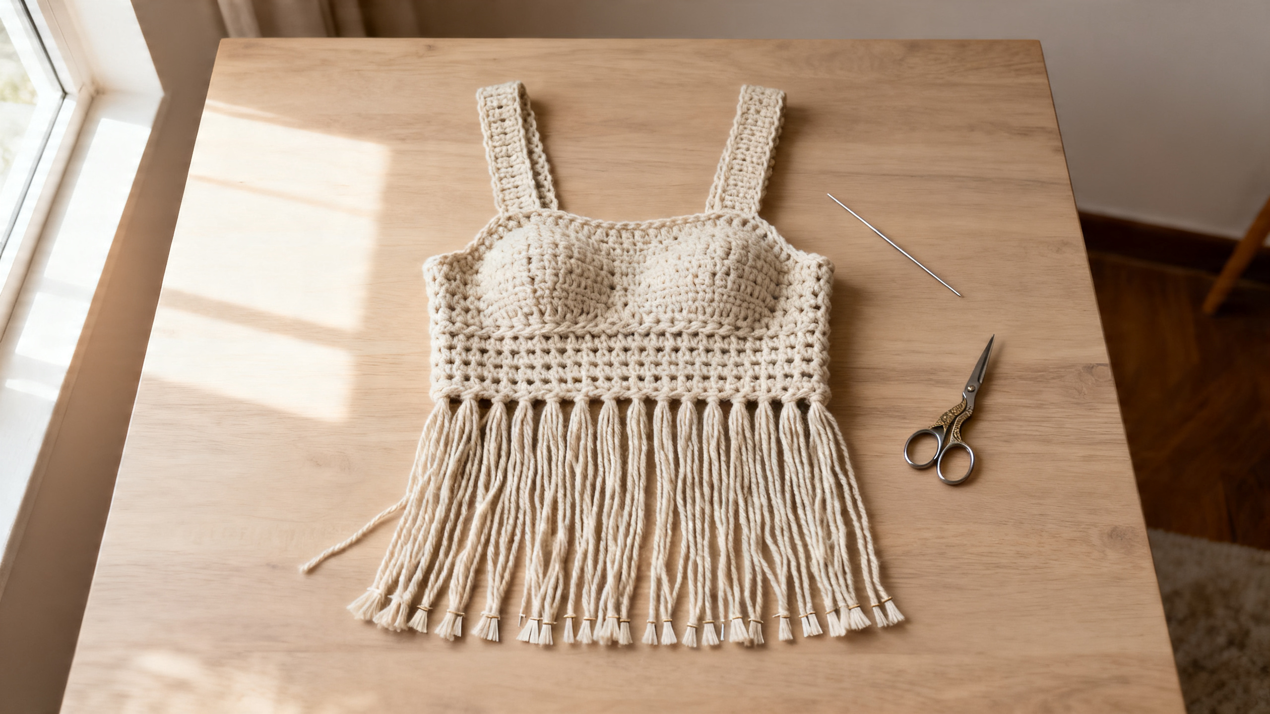 Detalhe dos pontos altos, alças reforçadas e corte uniforme das franjas.