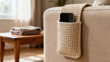 Esse porta-celular de crochê para sofá virou item disputado e evita que o aparelho desapareça entre as almofadas