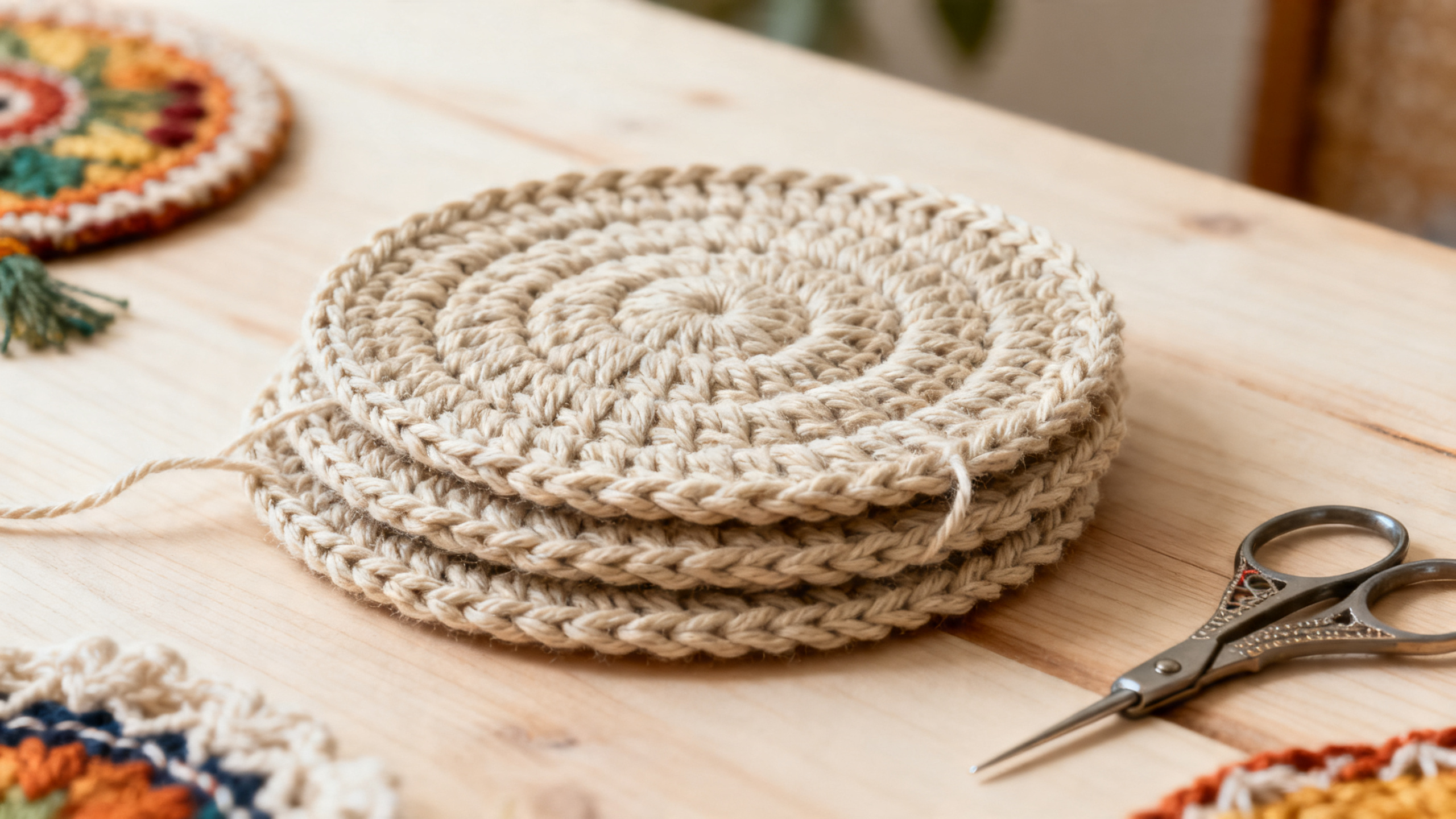 Detalhe dos pontos e do acabamento firme do porta-copos redondo.