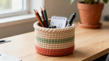 Esse porta-treco de crochê em formato de cesto deixou as escrivaninhas mais organizadas e mais bonitas