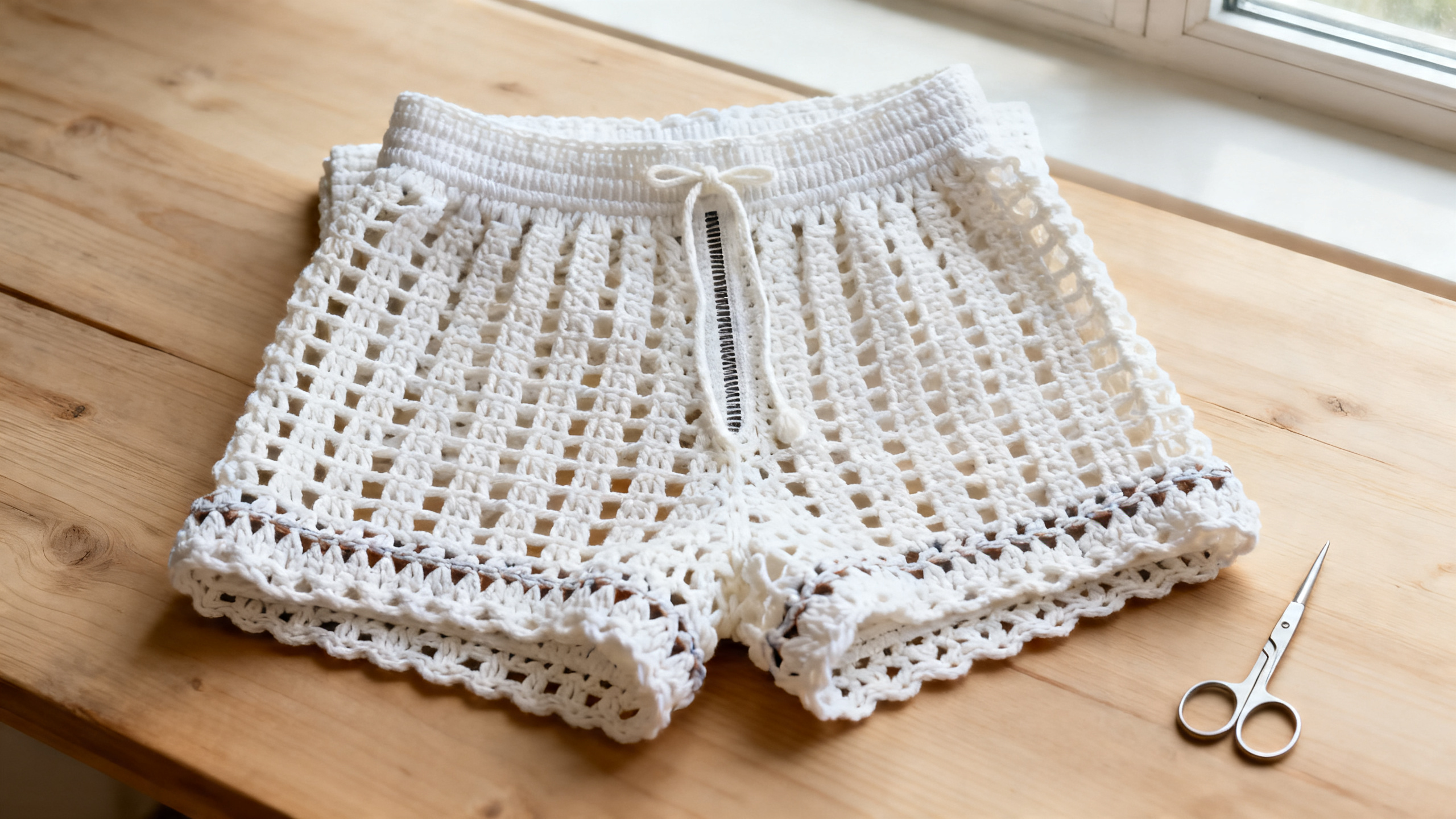 Detalhe do ponto aberto e acabamento firme nas pernas do short