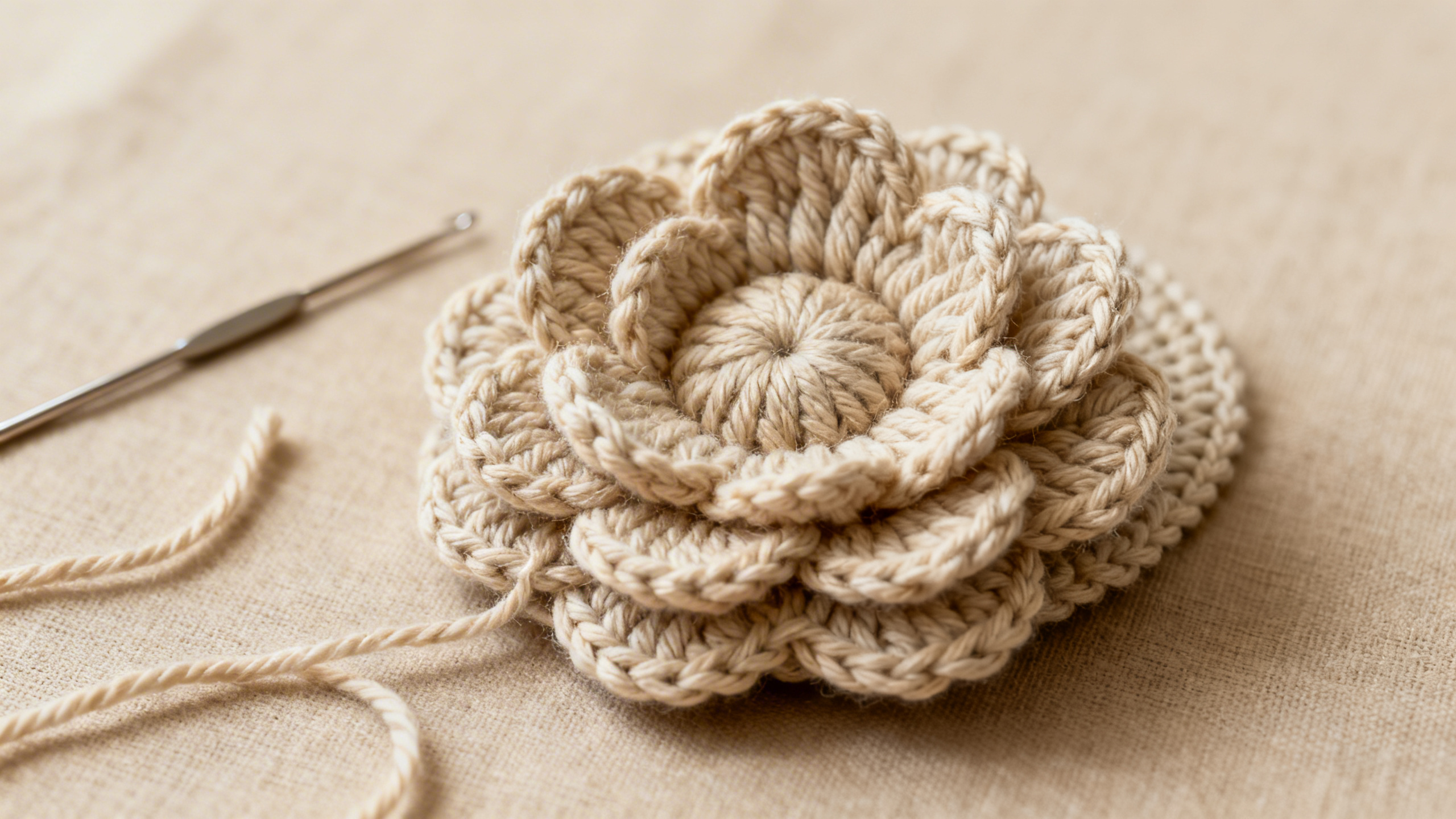 Close mostra relevo das pétalas e acabamento da aplicação em crochê.