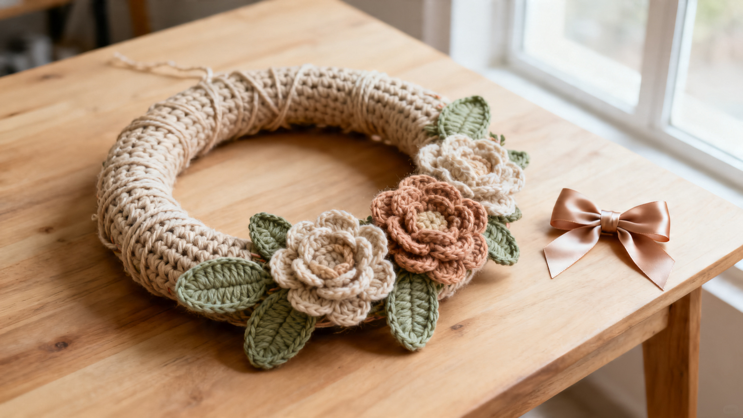 Detalhe dos pontos, folhas em relevo e acabamento da guirlanda artesanal