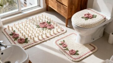 Kit de banheiro de crochê com flores em relevo está nos apartamentos mais elegantes de São Paulo