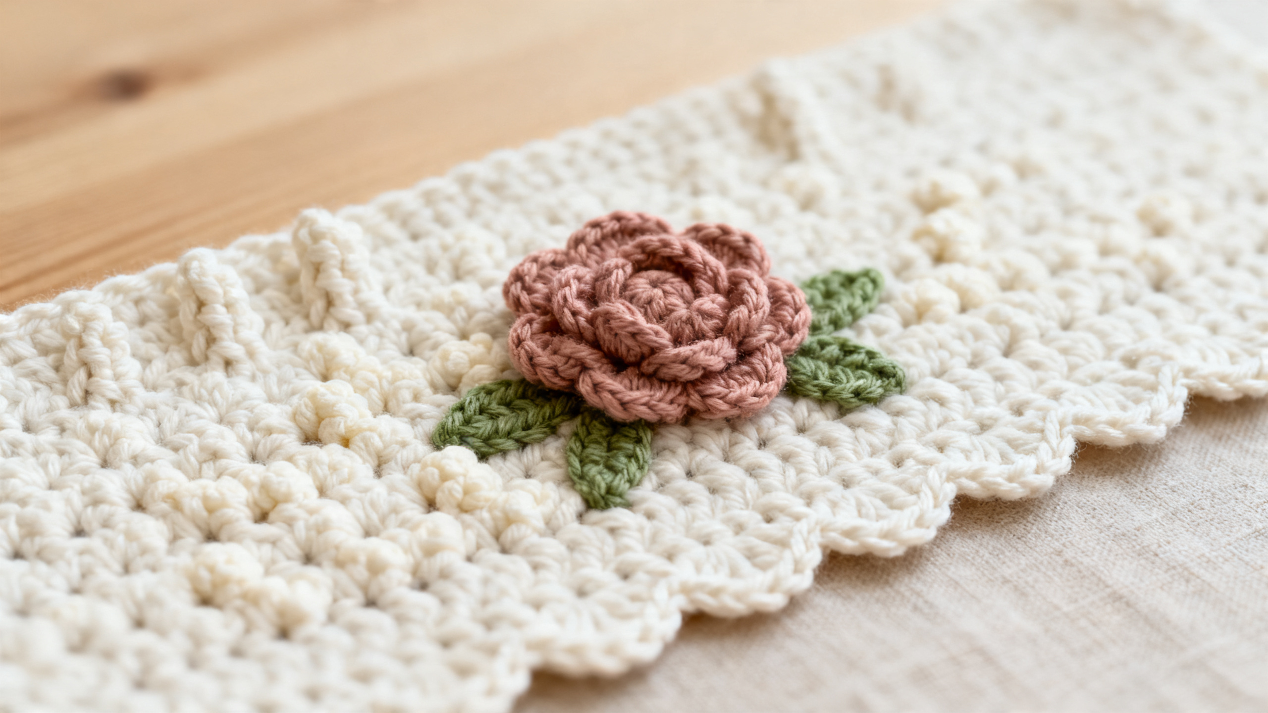 Detalhe das pétalas em relevo e da borda firme do tapete.