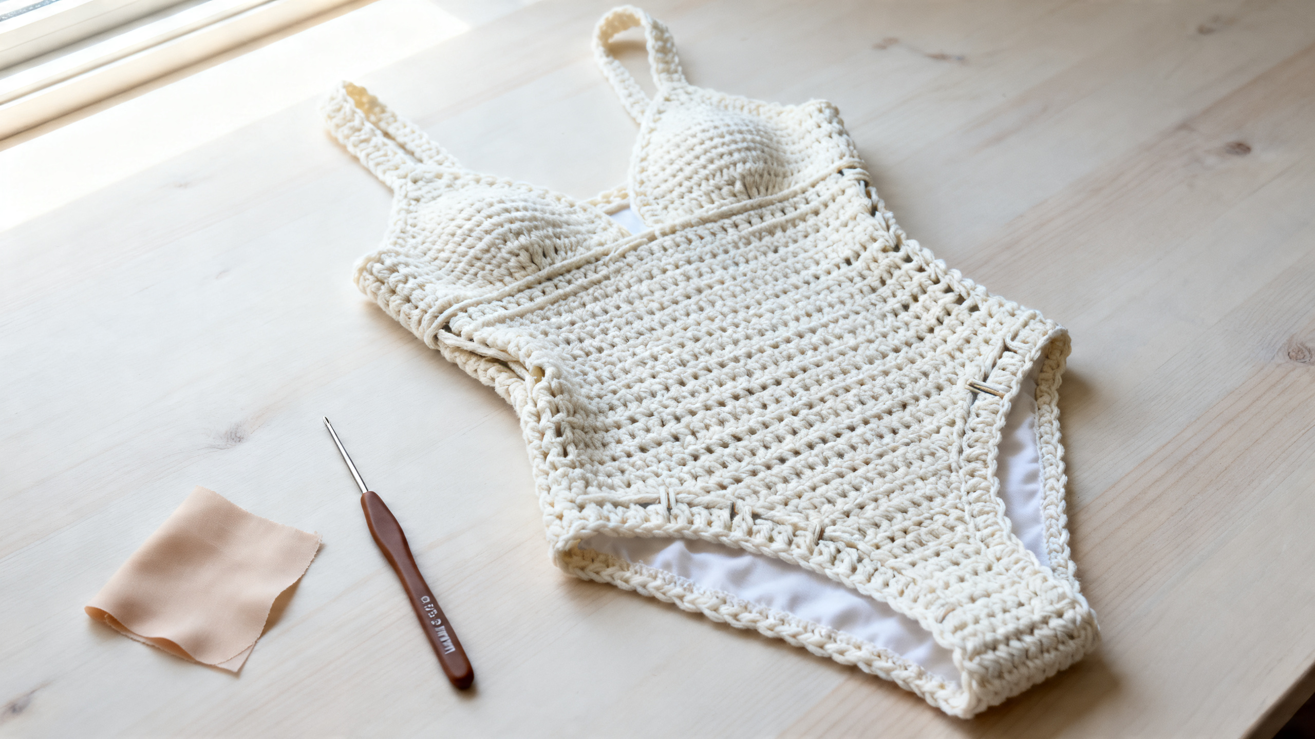 Detalhe dos pontos, materiais e acabamento estruturado do maiô artesanal.