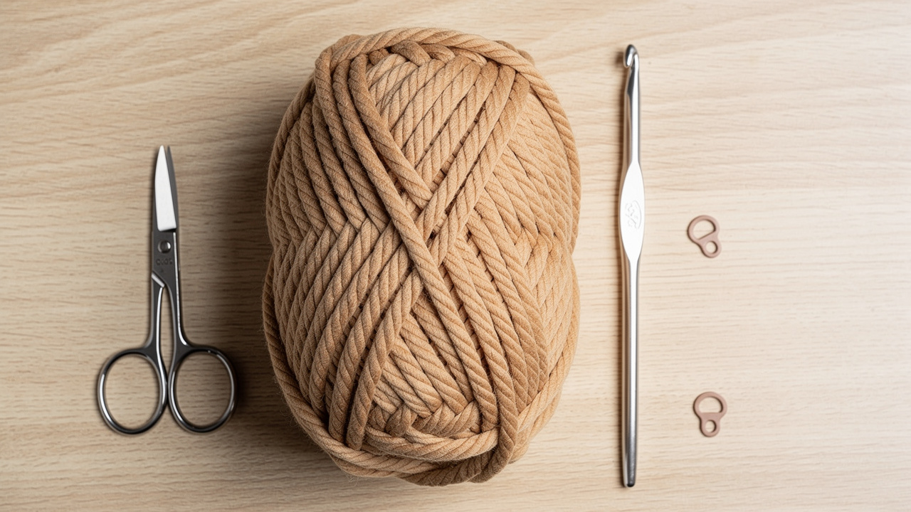 Fio espesso, agulha grossa e marcadores para começar no maxi crochê