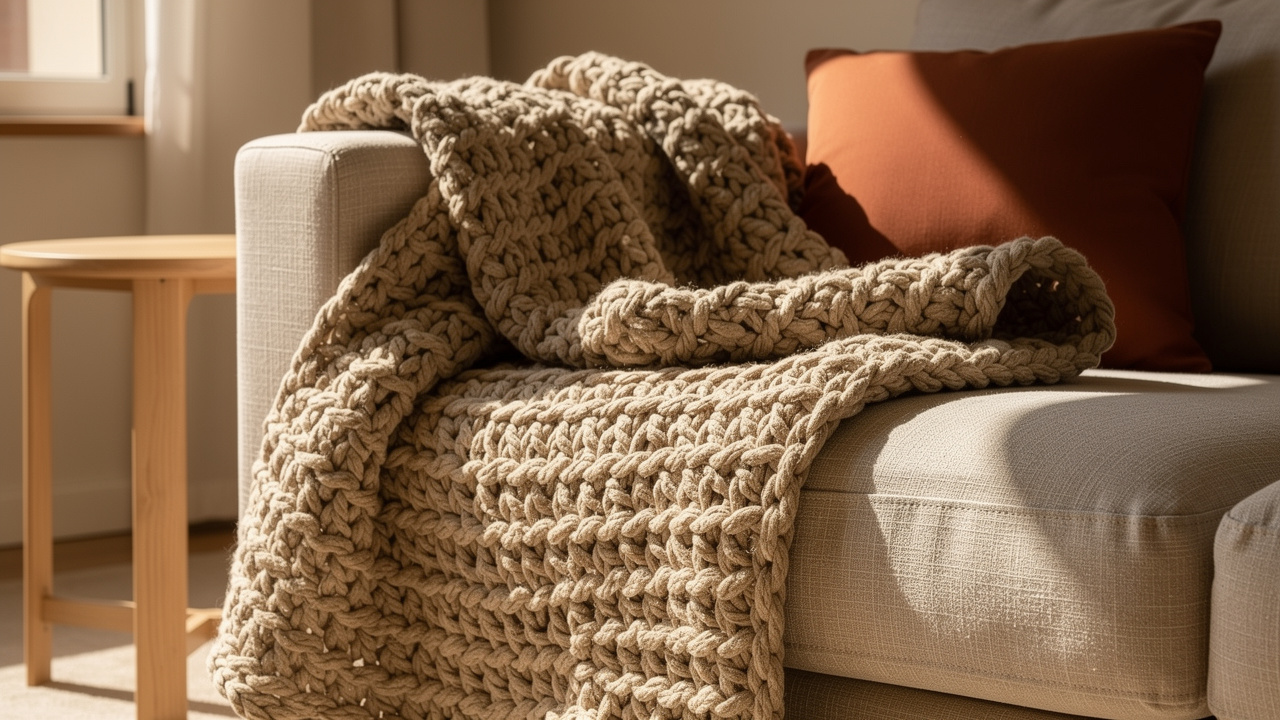 Maxi crochê na decoração: a técnica com tramas gigantes que está transformando salas em 2026 e qualquer iniciante consegue fazer