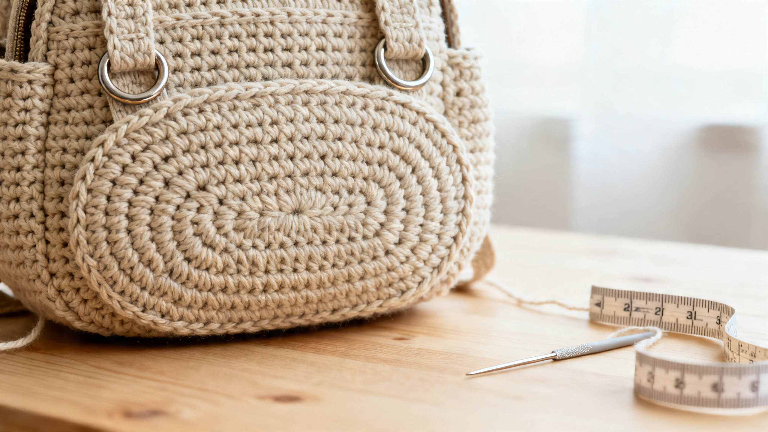 Detalhe da base oval e das alças reforçadas da mochila de crochê