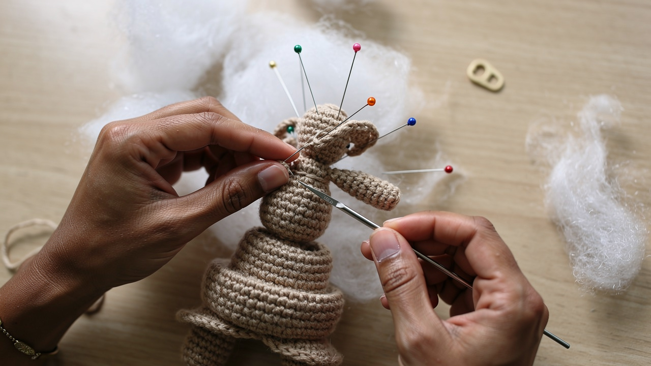 Montagem do amigurumi com costura limpa, alfinetes e pontos bem fechados