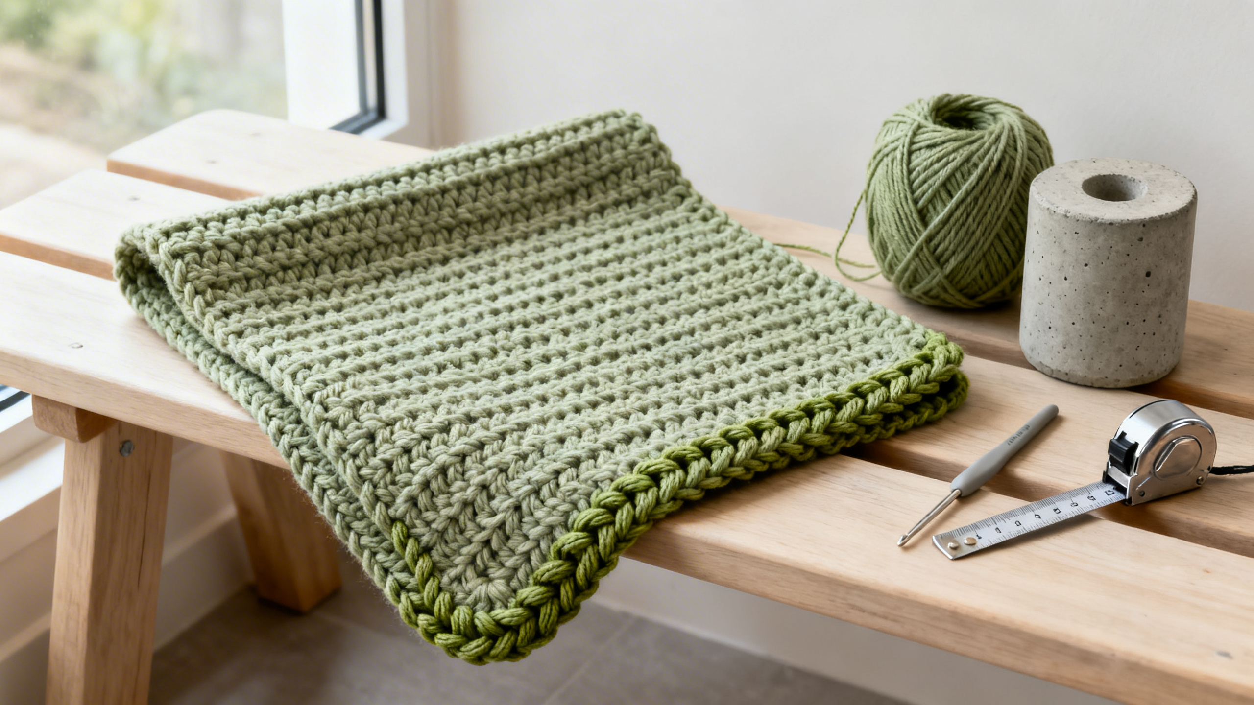 Detalhe dos pontos e acabamento firme no crochê minimalista para banheiro