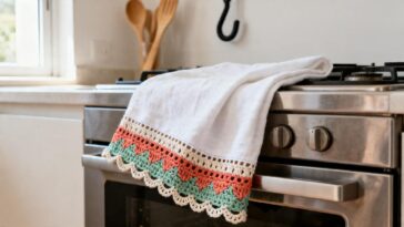 O pano de prato de crochê com barrado colorido voltou a ser item desejado e ganhou versão moderna para cozinhas jovens