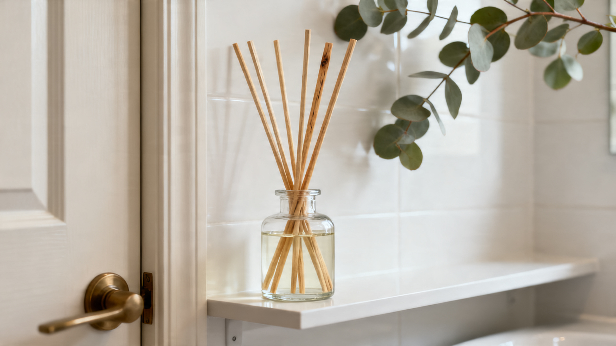 Difusor com varetas posicionado para espalhar melhor o aroma no banheiro