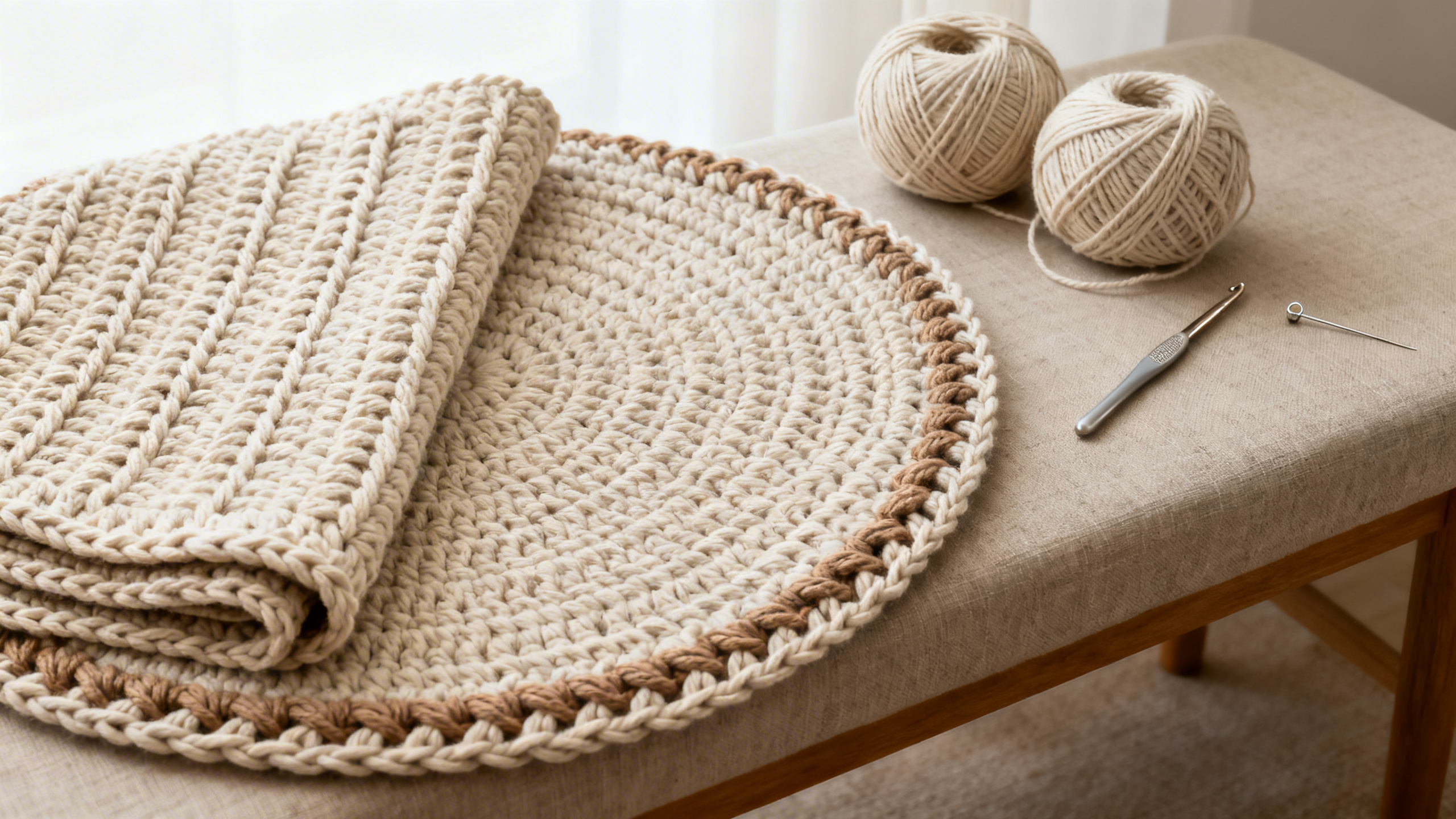 Detalhe dos pontos altos e acabamento do tapete redondo com barbante.