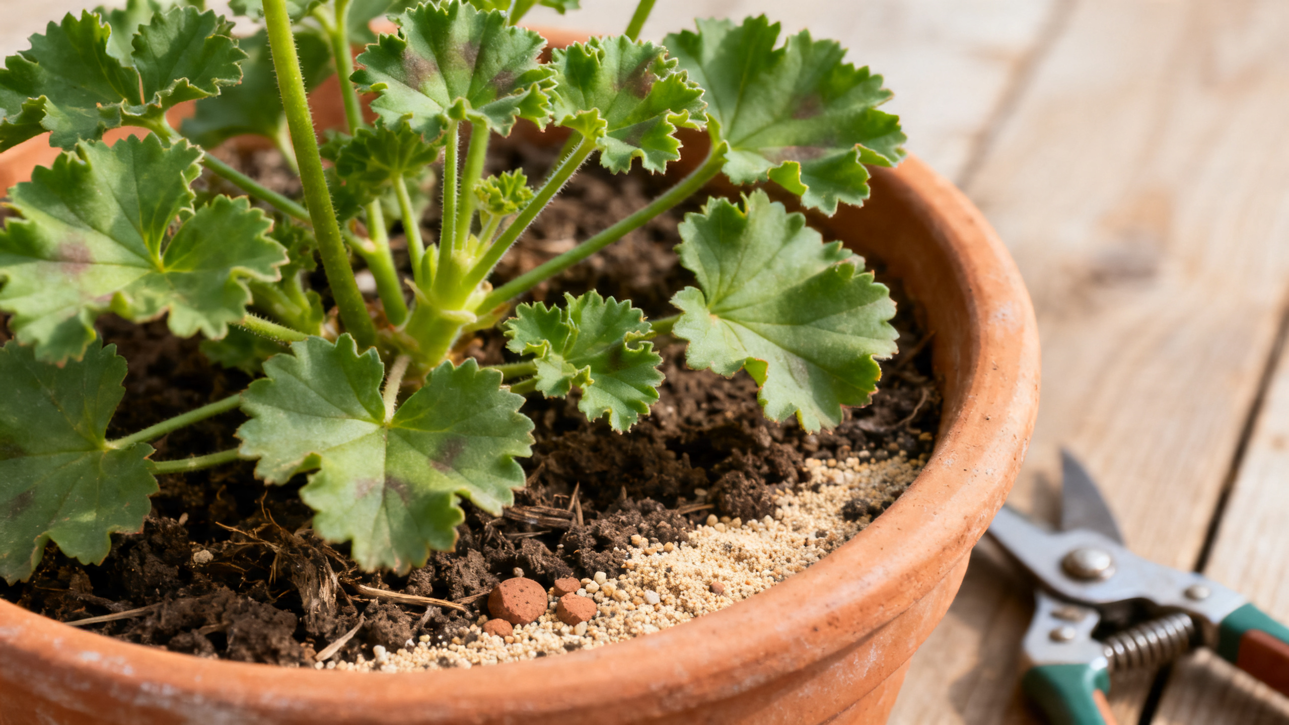 Folhas perfumadas e substrato leve favorecem o cultivo saudável do pelargônio