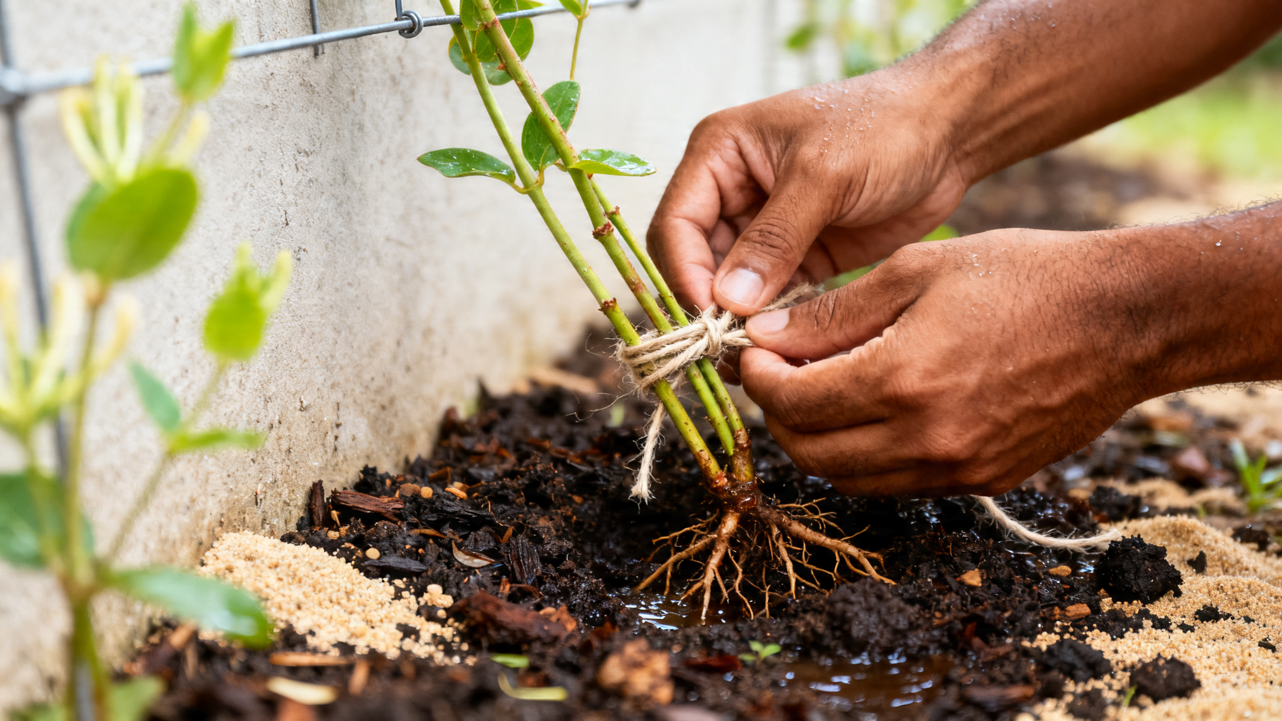 Plantio da madressilva com suporte, substrato drenado e condução inicial dos ramos
