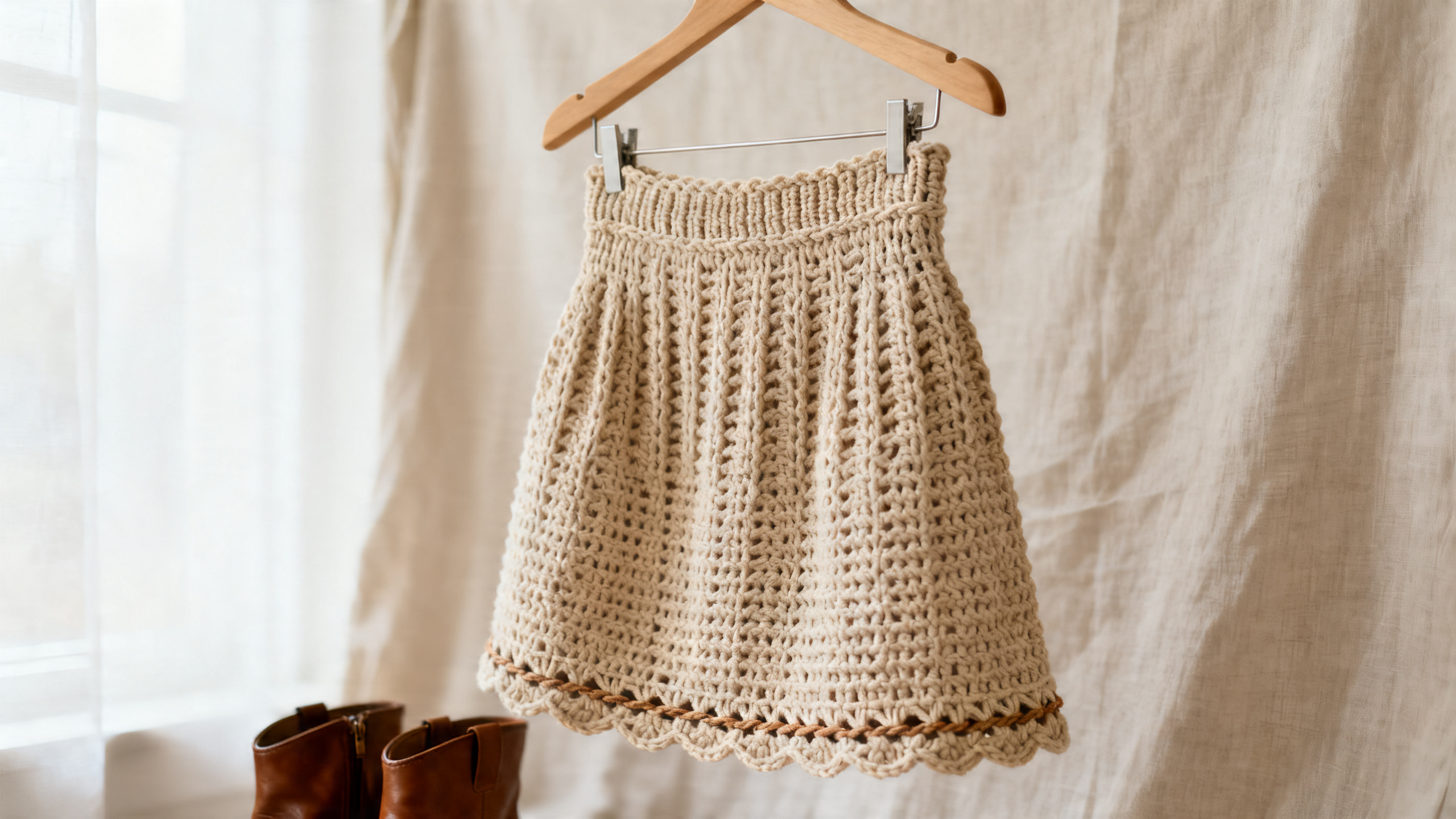 Detalhe da trama fechada, cós firme e barra ajustada da saia.