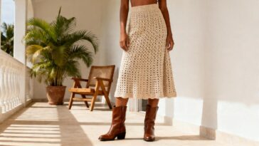 Saia midi de crochê está sendo usada com botas e conquistou quem não abre mão de um visual sofisticado