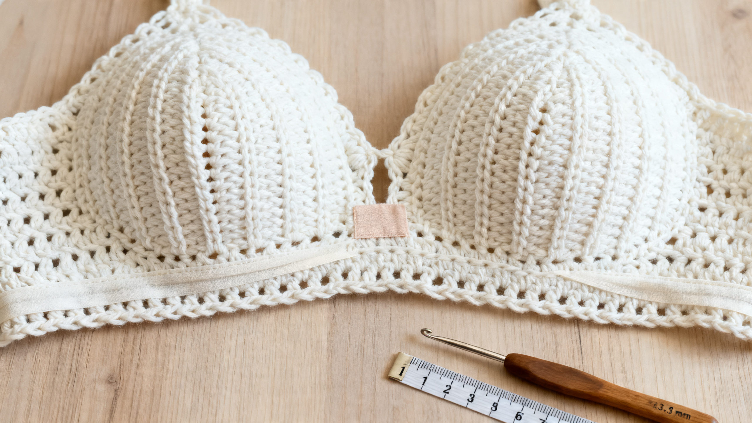 Detalhe dos pontos, forro e elástico usados no sutiã de crochê