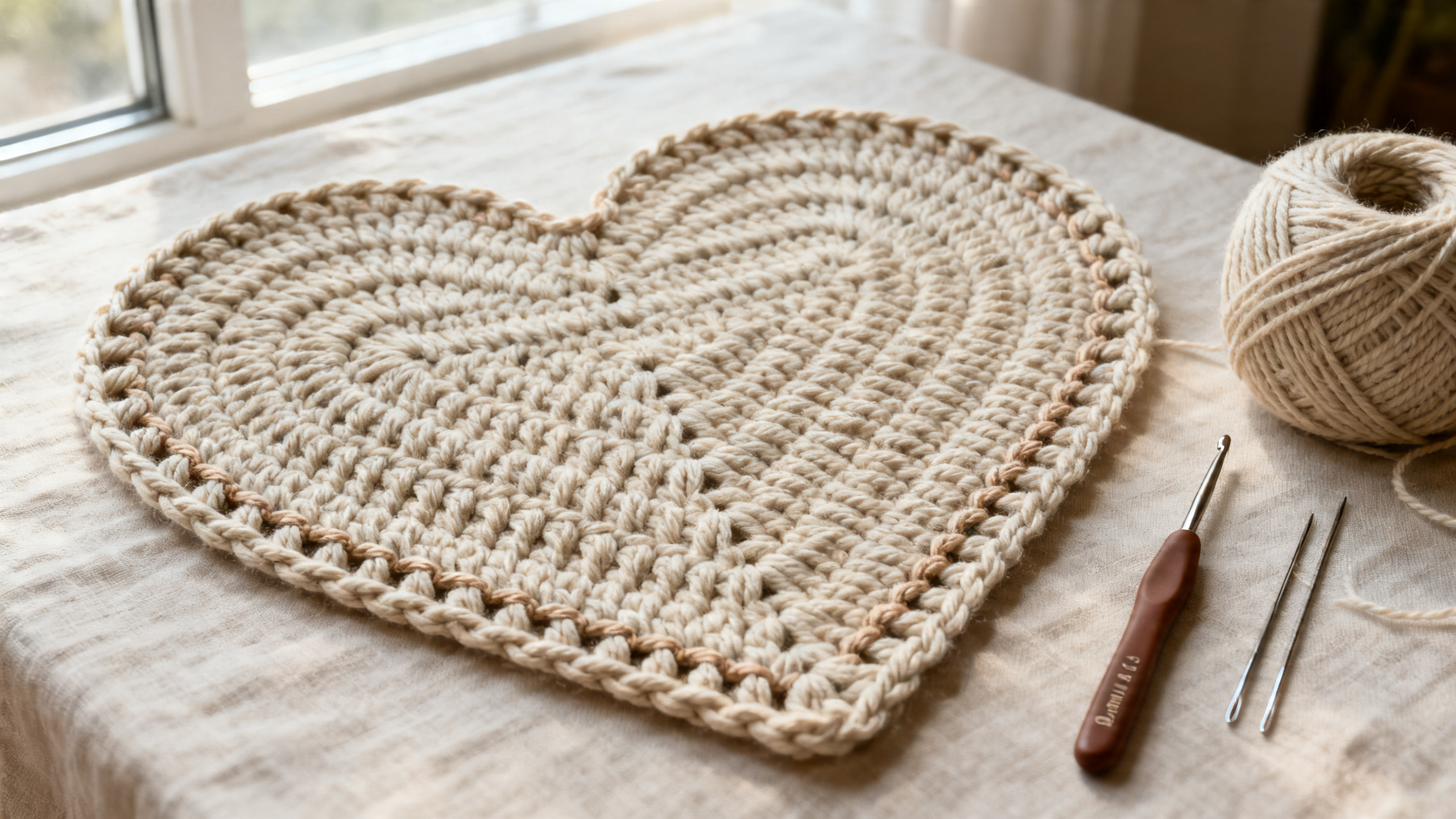 Detalhe dos pontos e acabamento firme no tapete de coração.