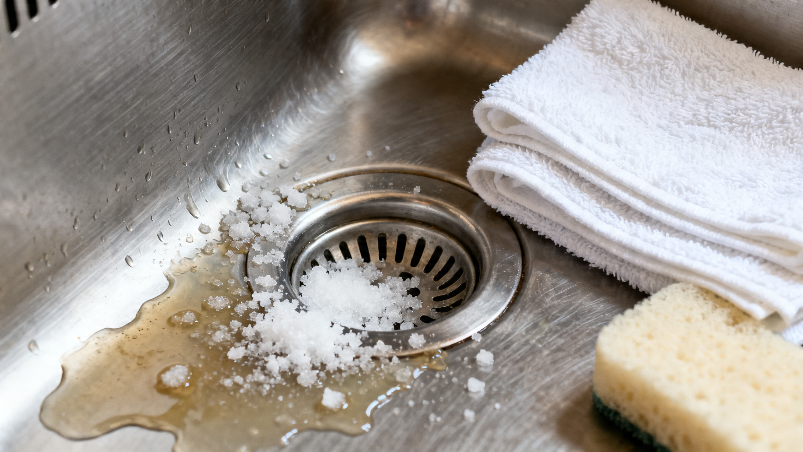 Detalhe da limpeza da pia com sal grosso perto do ralo