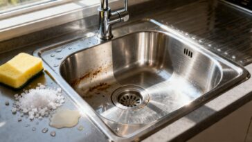 Truque com sal grosso que deixa a pia da cozinha desengordurada e brilhando em poucos minutos