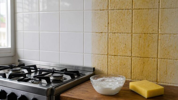 Nem sabão nem multiuso: a mistura caseira que tira a gordura amarelada dos azulejos atrás do fogão